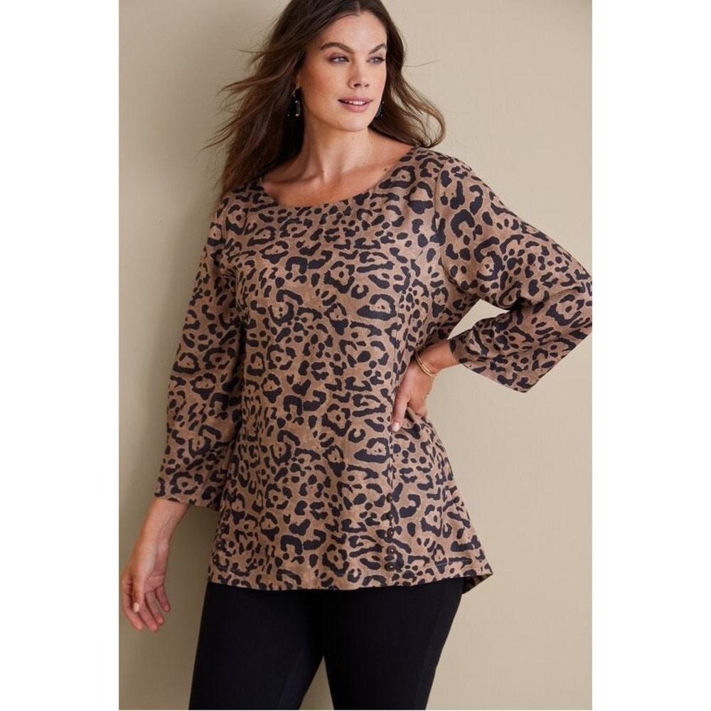 Soft Surroundings Raelynn Leopard Print Tunic Top Brown 3/4 Sleeves Sz S